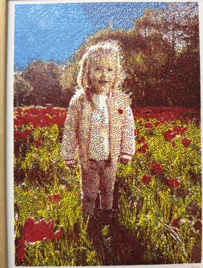a child standing in a field of red poppies, rebuilt in dense multicolor hatching