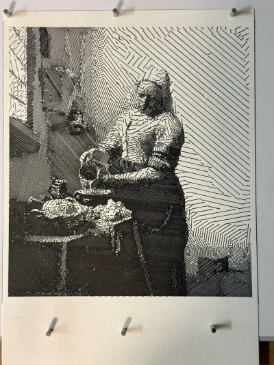 Vermeer's Milkmaid plotted in single-pen black hatching