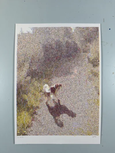 figure and its long shadow on a path, in dense multicolor crosshatch