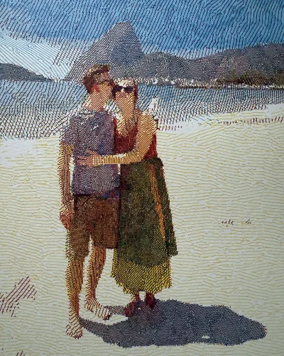 two figures by a mountain lake, rebuilt from fine pen hatching