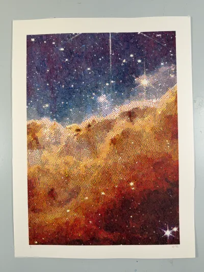 plot of the Cosmic Cliffs of the Carina Nebula in layered colored pens