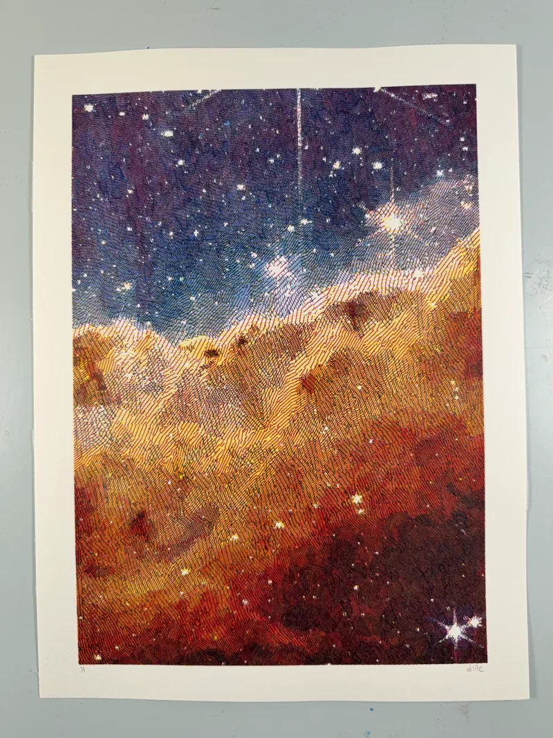 plot of the Cosmic Cliffs of the Carina Nebula in layered colored pens