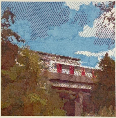 a canal bridge and townscape plotted in layered colour hatching