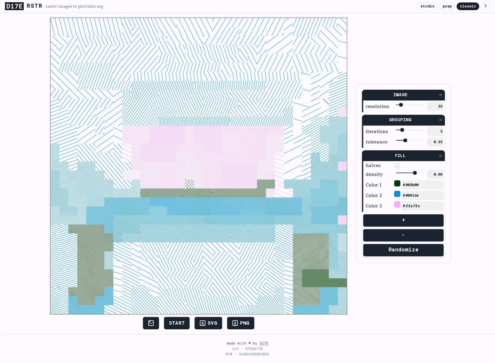 the classic app on desktop — a finished multi-color line render next to its resolution, grouping and fill controls