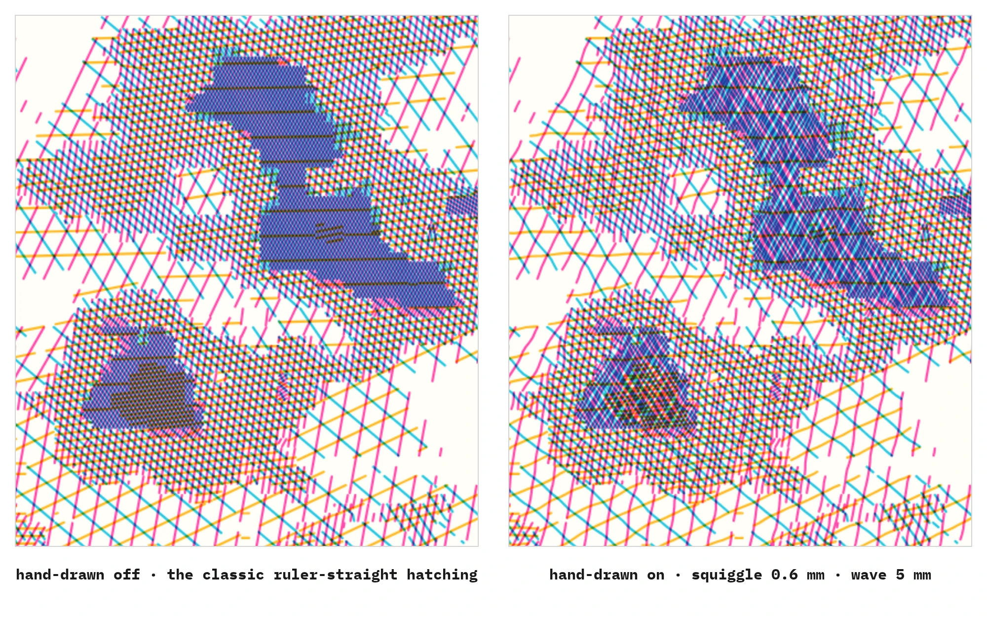 the same render region twice — hand-drawn off with perfectly straight hatch lines on the left, hand-drawn on with organic wavy lines on the right