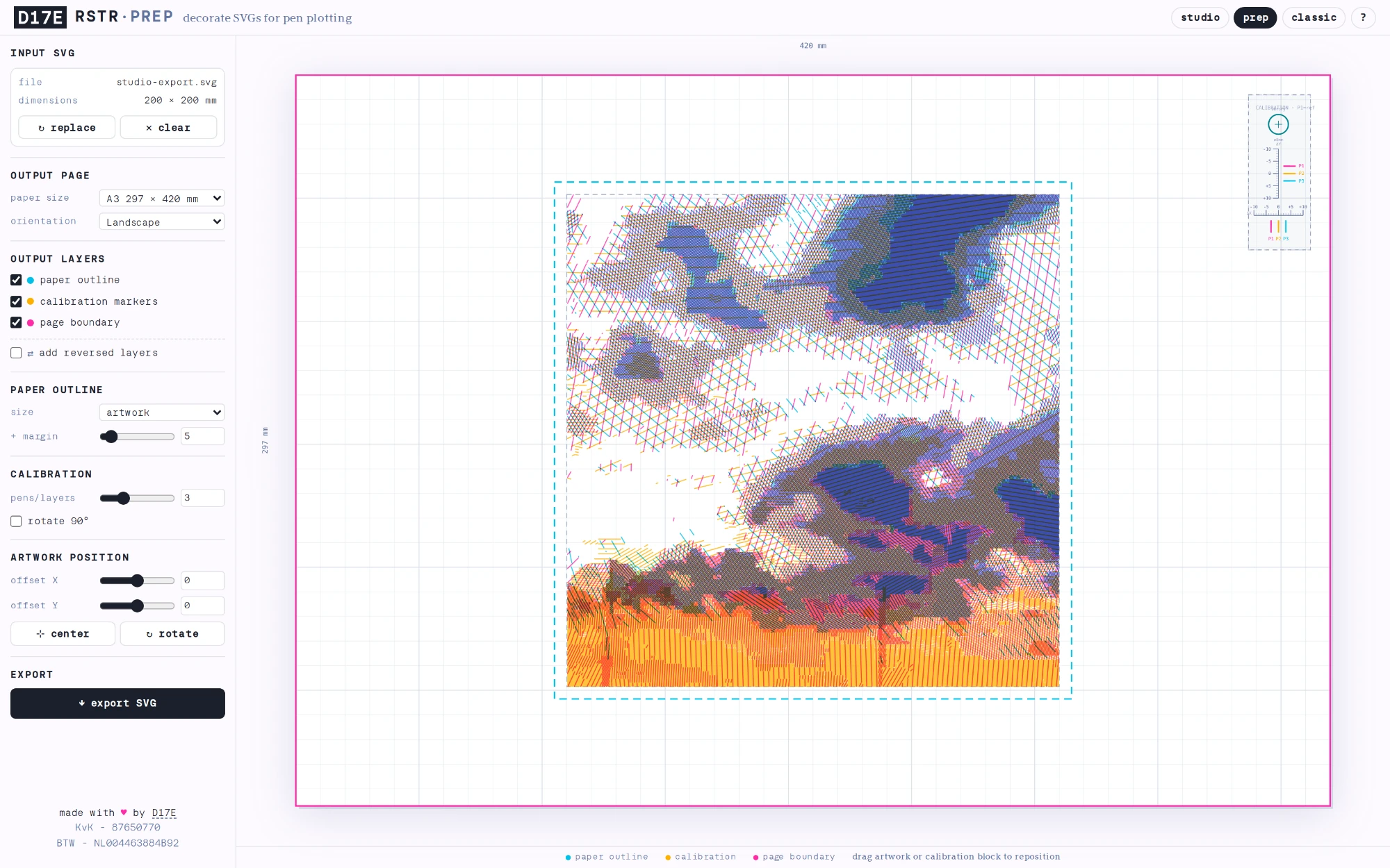 the prep tool on desktop — a studio export placed on an A3 page, with the paper outline, calibration block and page boundary around it